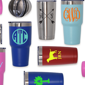 A variety of colors and designs on stainless steel tumblers