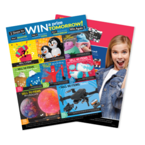 Two Prize Catalogs, one with the text '3 Steps to Win A Prize Tomorrow'. The other with a young student with an excited look on their face.