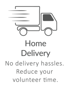 Line icon of a delivery truck, representing logistics and transportation services in a simple vector illustration. With text 'Home Delivery. No delivery hassles. Reduce your volunteer time."