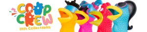 Coop Crew 2024 Collectible logo and a collection of vibrant plastic rubber chickens - only their heads are visible arranged together in a playful display.
