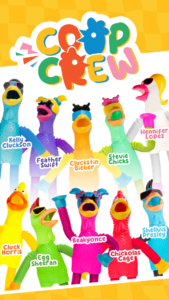 Coop Crew 2024 Collectible logo and a collection of vibrant plastic rubber chickens arranged together in a playful display.