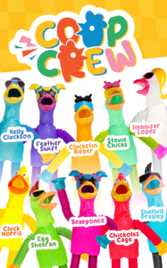 Coop Crew 2024 Collectible logo and a collection of vibrant plastic rubber chickens arranged together in a playful display.
