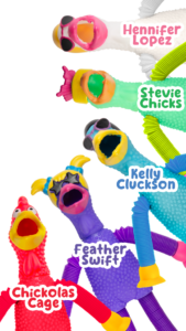 A variety of colorful rubber chickens that make up the chicken coop crew - part of the fall 2024 incentive prizes.