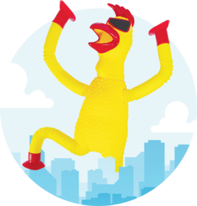 A bright yellow rubber chicken featuring distinctive red feet, showcasing a playful and whimsical design standing over a city scape.