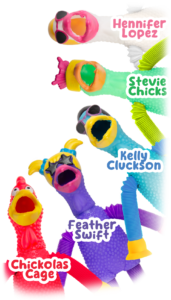 A variety of colorful rubber chickens that make up the chicken coop crew - part of the fall 2024 incentive prizes.