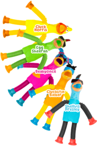 A variety of colorful rubber chickens that make up the chicken coop crew - part of the fall 2024 incentive prizes.