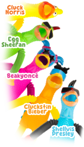 A variety of colorful rubber chickens that make up the chicken coop crew - part of the fall 2024 incentive prizes.
