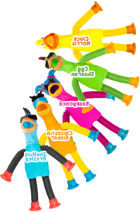 A variety of colorful rubber chickens that make up the chicken coop crew - part of the fall 2024 incentive prizes.