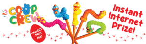 Coop Crew logo and a vibrant collection of colorful sticks with chicken heads on them, arranged together, featuring the text "Instant Internet Prize" prominently displayed.