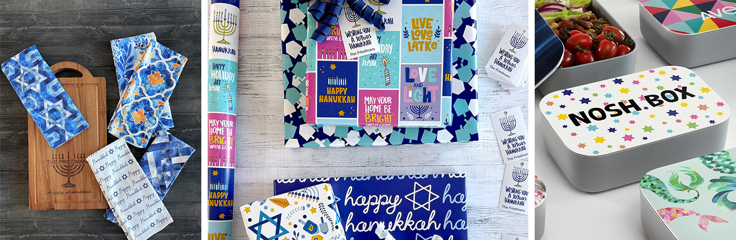A collection of various Hanukkah gift wrapping styles, including patterned paper, ribbons, and decorative bags.