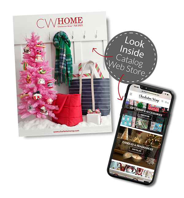 Charleston Wrap 2025 catalog cover and mobile phone displaying the online fundraising store