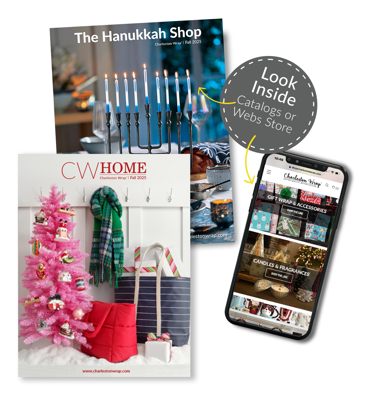 Fall 2025 Hanukkah shop catalog cover for fundraising with Charleston Wrap, featuring festive decorations and products.