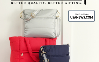 Charleston wrap bags displayed in various colors and patterns, showcasing their stylish and versatile design. Labeled "Featured in USANEWS.com"